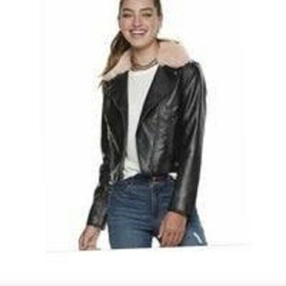 Candies Motorcycle Jacket Black Faux Leather Removable Pink Fur Collar XL - Picture 7 of 7
